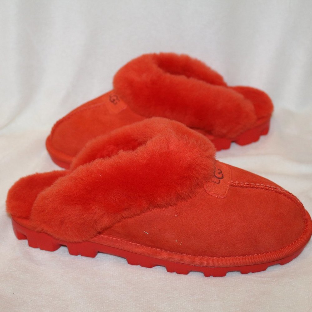 NIB UGG WOMEN'S COQUETTE SUEDE SHEARLING SLIP ON SLIPPERS RED PEPPER